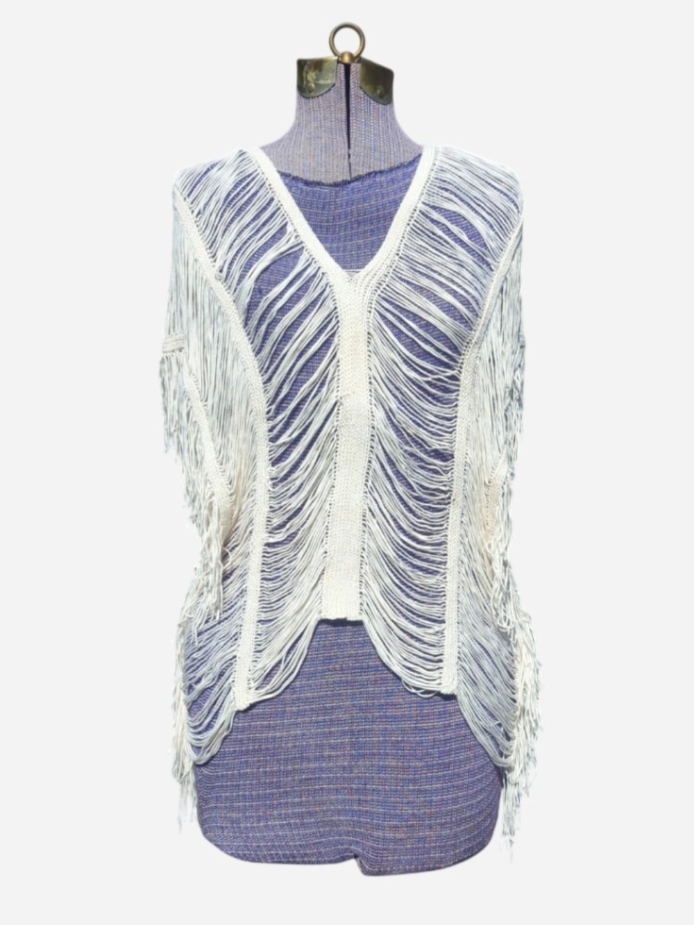 White Fringe Knit V-Neck Sweater - Women OS